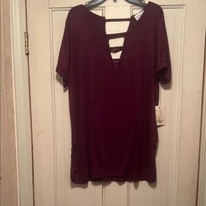Glitz Burgundy Short Sleeve Top with Strappy Neckline